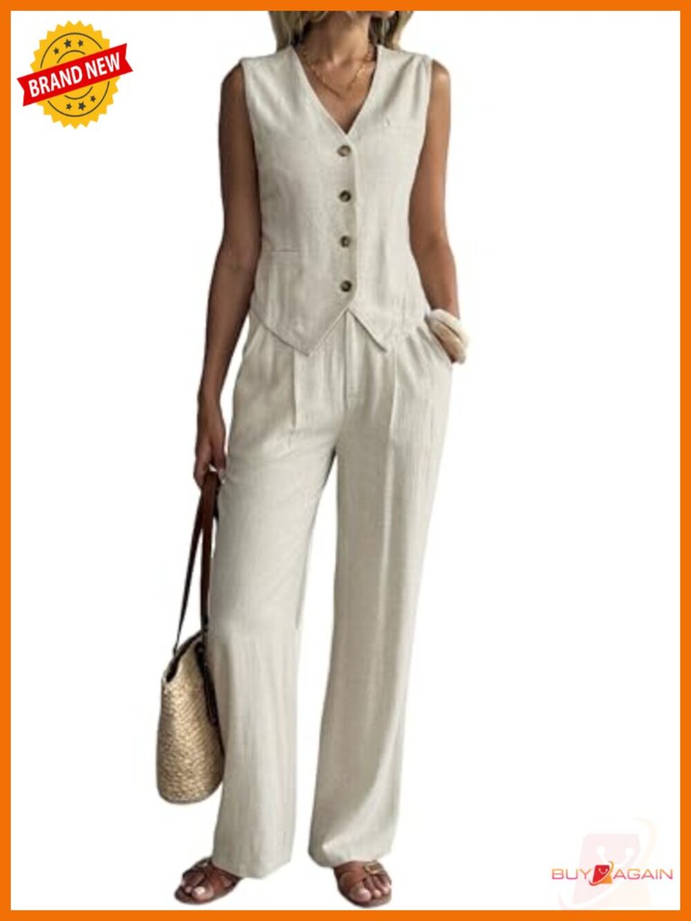 Linen Blend 2 Piece Suit Set - Vest Crop Top & Wide Leg Pants